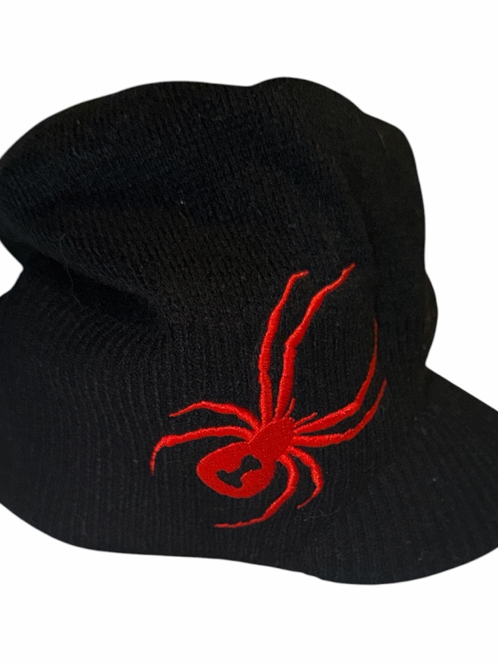 90s y2k embroidered Spyder Black Red Beanie hat skully with brim stocking cap